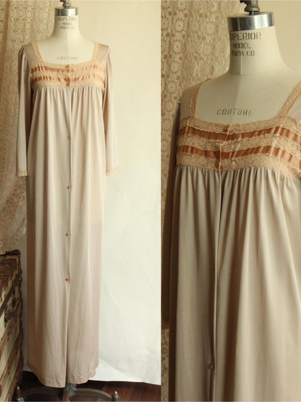 Vintage 1970s Peignoir Robe with Pockets, Brown Lorraine Nylon with Lace Trim, S
